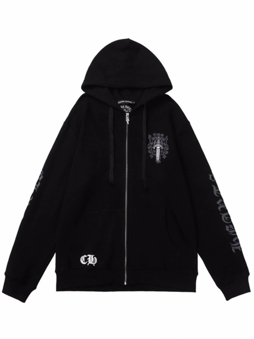 Black Zip-Up Hooded Jacket with Script Graphics